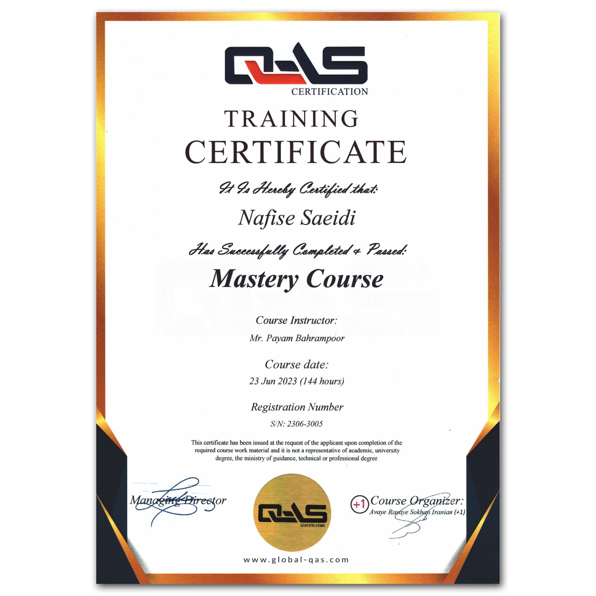 سرتیفیکیت Mastery Course از موسسه QAS انگلستان